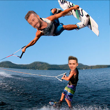 Image of Brooklyn and David Beckham on wakeboards