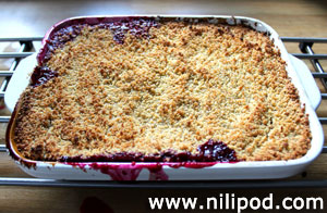 Photo of a freshly cooked fruit crumble